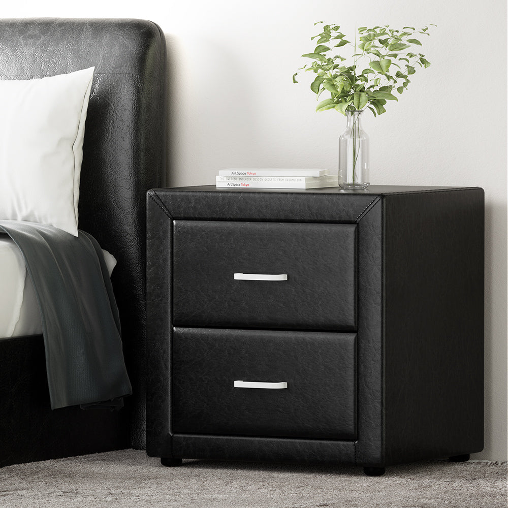 Artiss Caden PU-Leather-Look 2-Drawer Bedside Table – Black