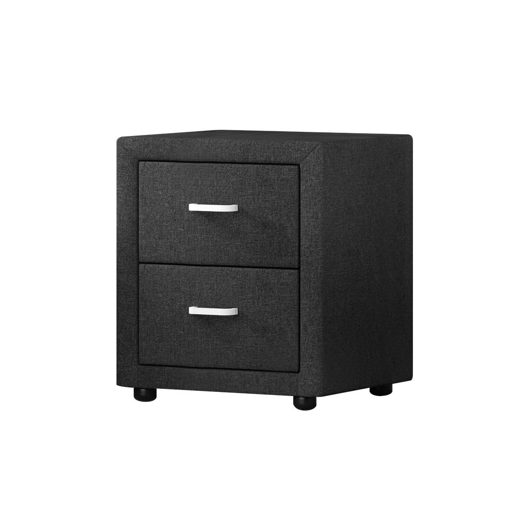 Artiss Caden Faux-Linen 2-Drawer Bedside Table – Charcoal