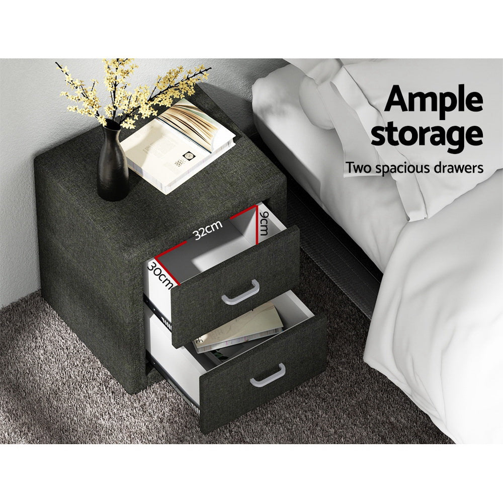 Artiss Caden Faux-Linen 2-Drawer Bedside Table – Charcoal