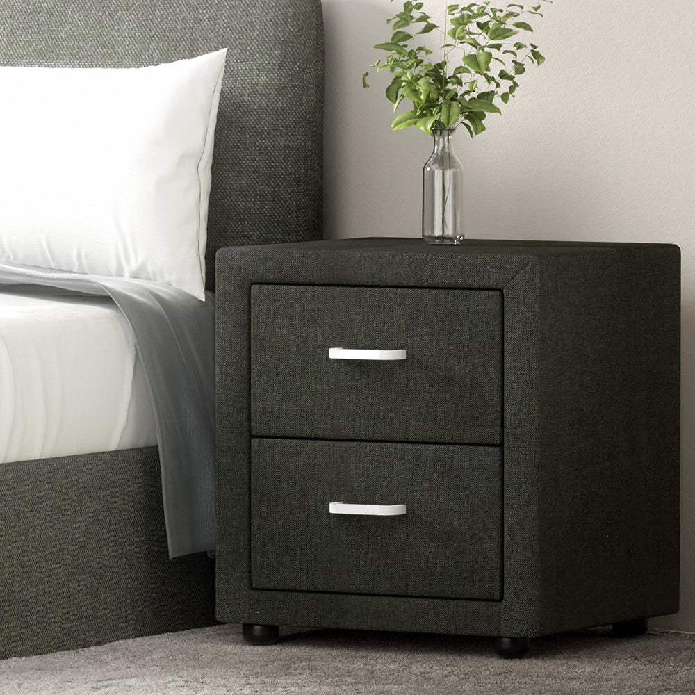 Artiss Caden Faux-Linen 2-Drawer Bedside Table – Charcoal