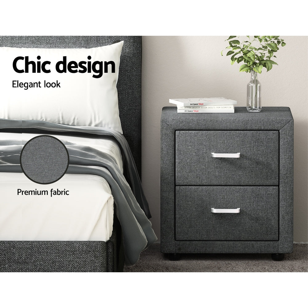 Artiss Caden Linen-Fabric 2-Drawer Bedside Table – Grey