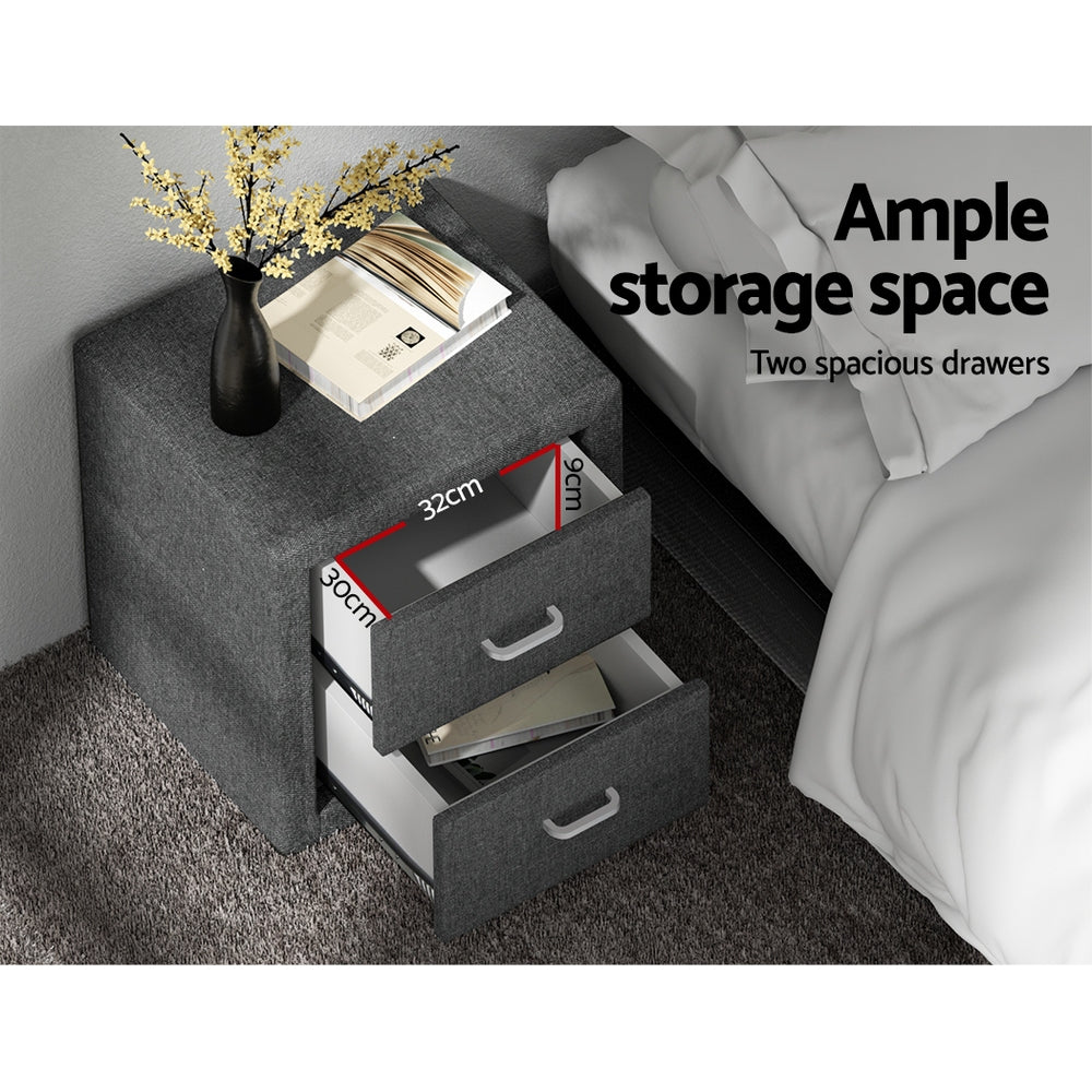 Artiss Caden Linen-Fabric 2-Drawer Bedside Table – Grey