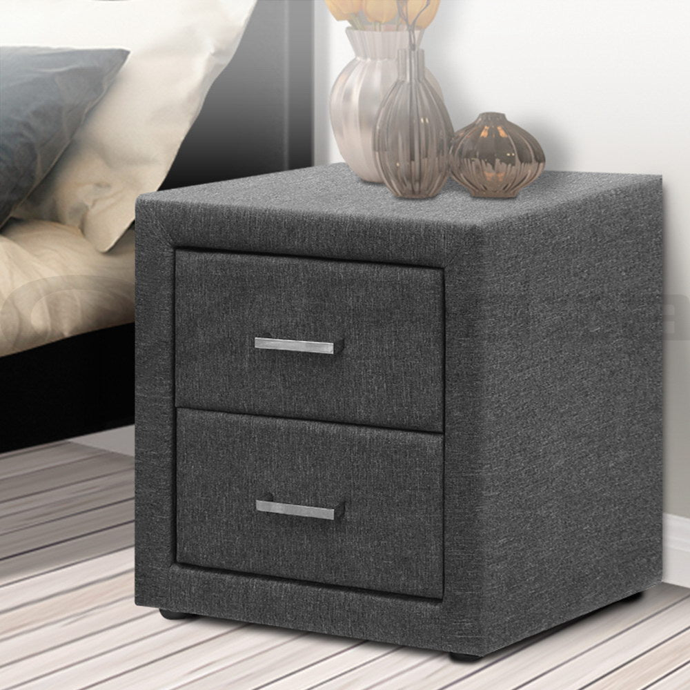 Artiss Caden Linen-Fabric 2-Drawer Bedside Table – Grey
