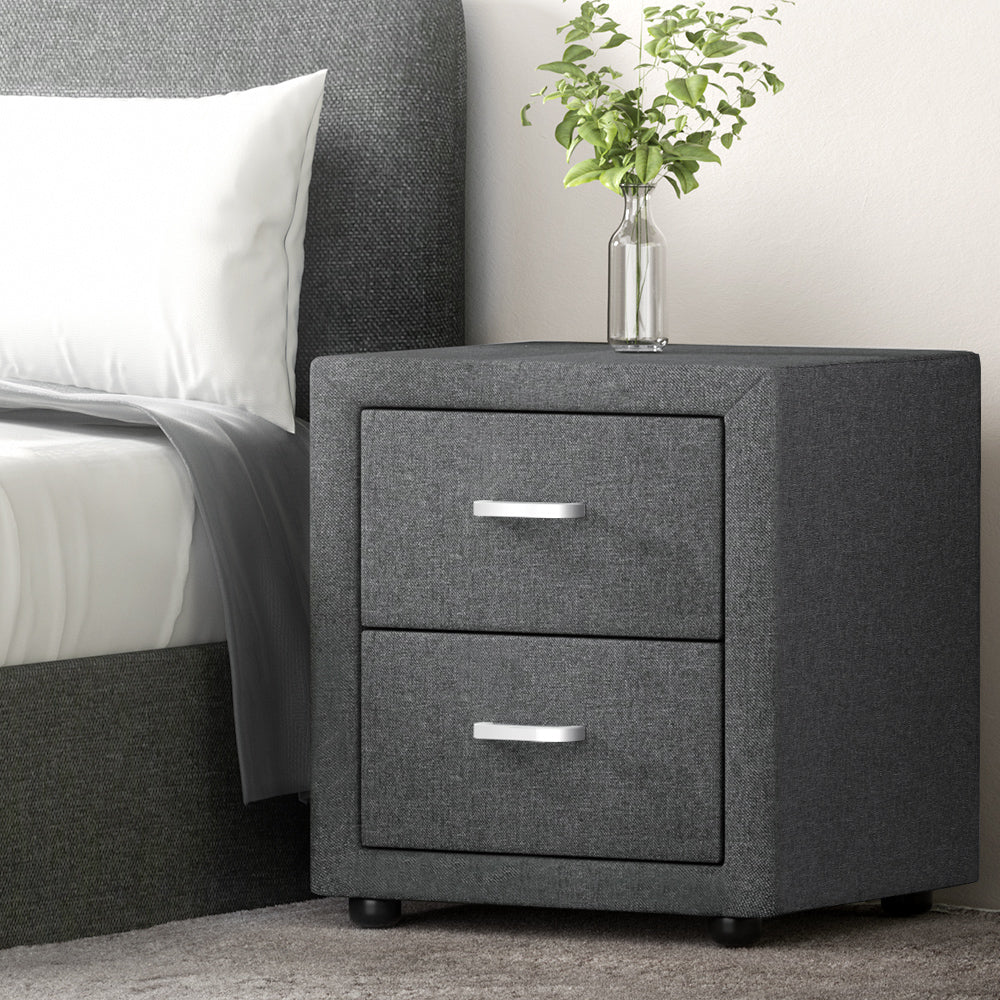 Artiss Caden Linen-Fabric 2-Drawer Bedside Table – Grey
