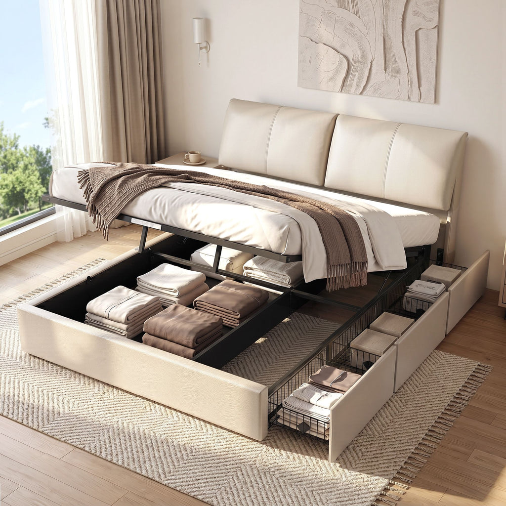 Artiss King Bed Frame with Gas-Lift Storage, 3 Drawers and Adjustable Headboard – Beige