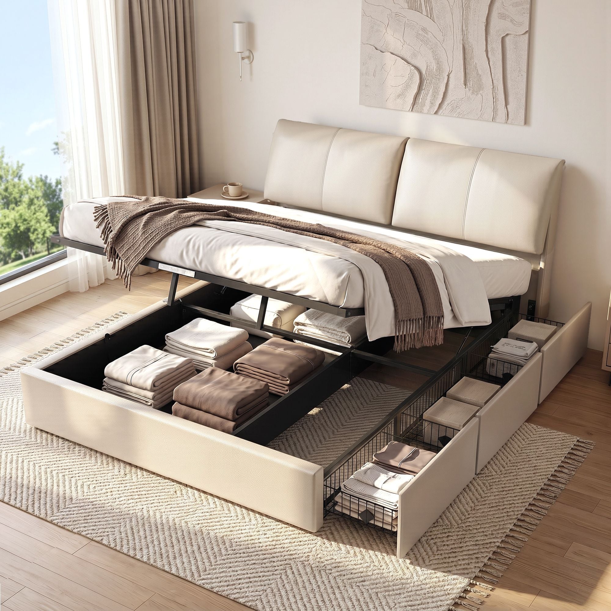 Artiss King Bed Frame with Gas-Lift Storage, 3 Drawers and Adjustable Headboard – Beige