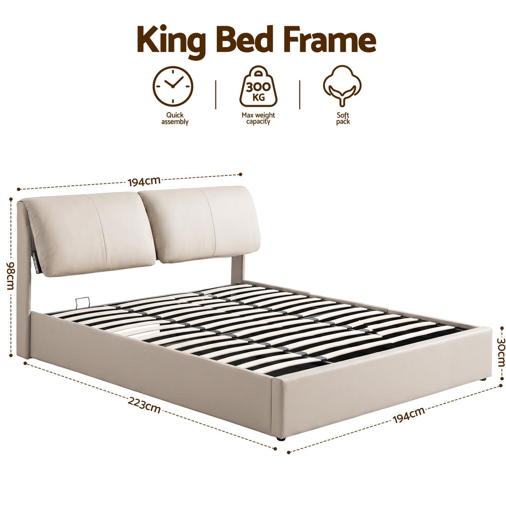 Artiss King Bed Frame with Gas-Lift Storage, 3 Drawers and Adjustable Headboard – Beige