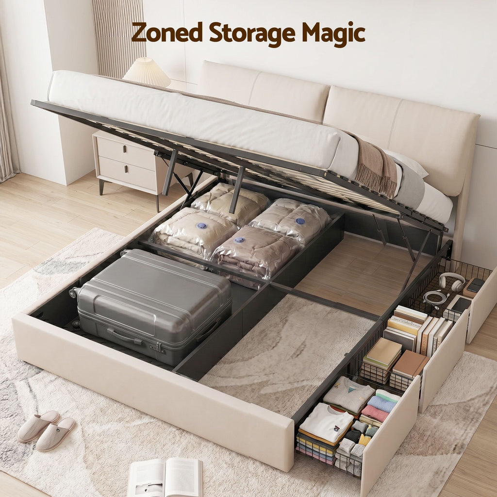 Artiss King Bed Frame with Gas-Lift Storage, 3 Drawers and Adjustable Headboard – Beige
