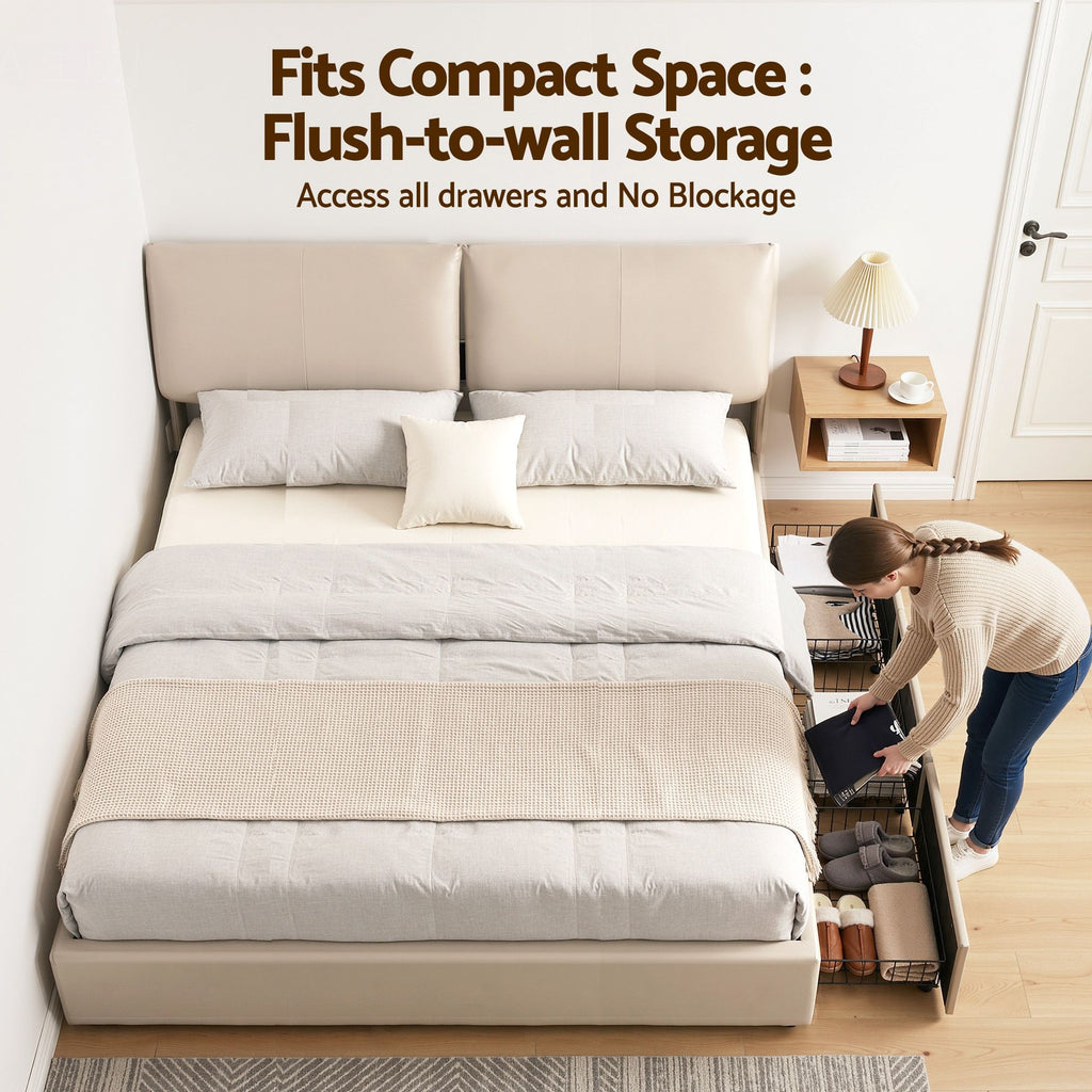 Artiss King Bed Frame with Gas-Lift Storage, 3 Drawers and Adjustable Headboard – Beige