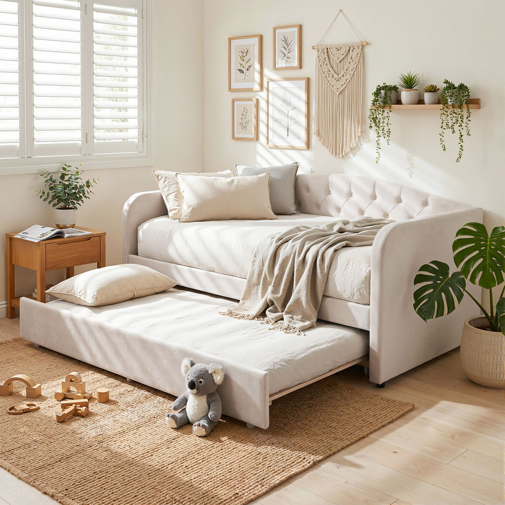 Artiss Velvet Single Daybed with Pull-Out Trundle – Grey