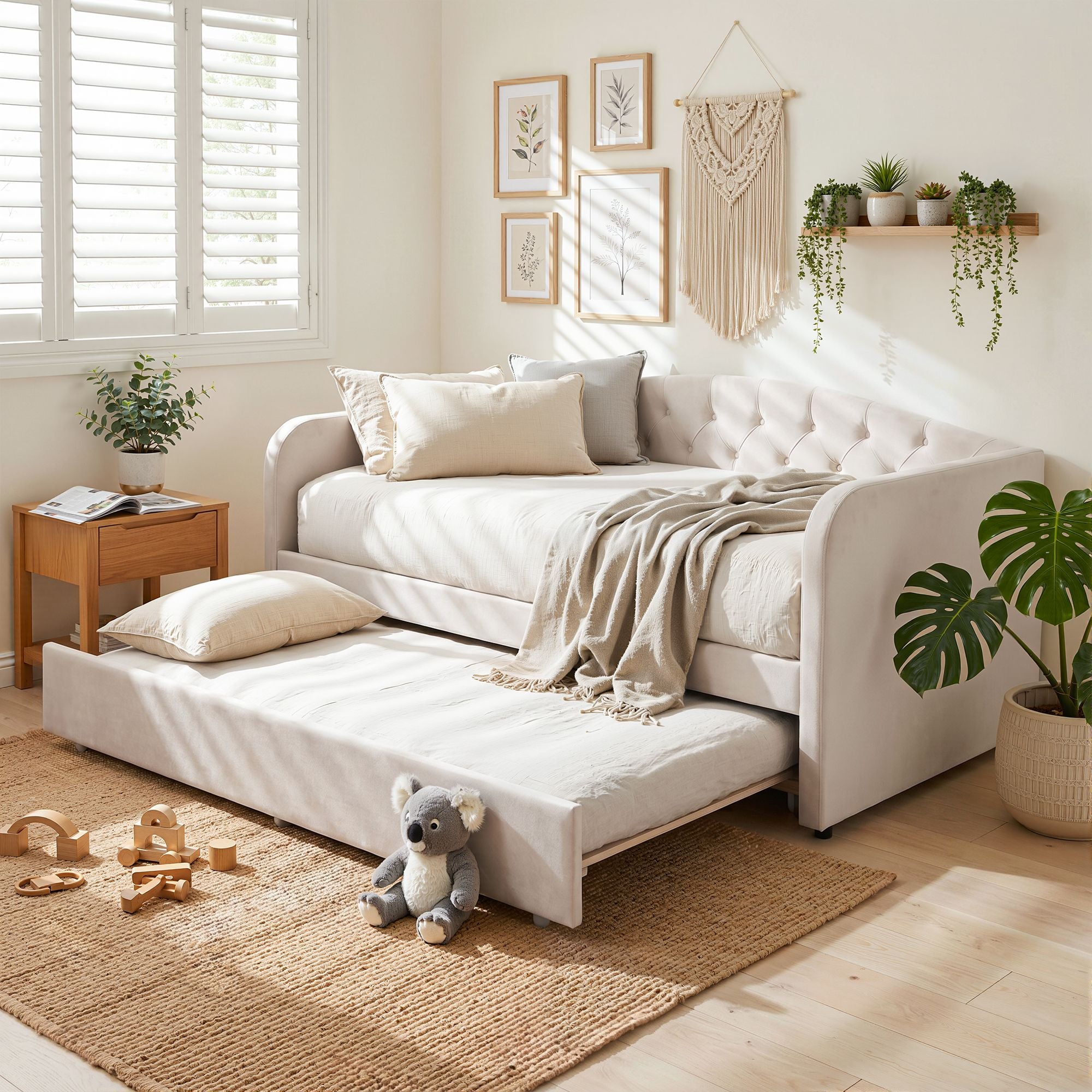 Artiss Velvet Single Daybed with Pull-Out Trundle – Grey
