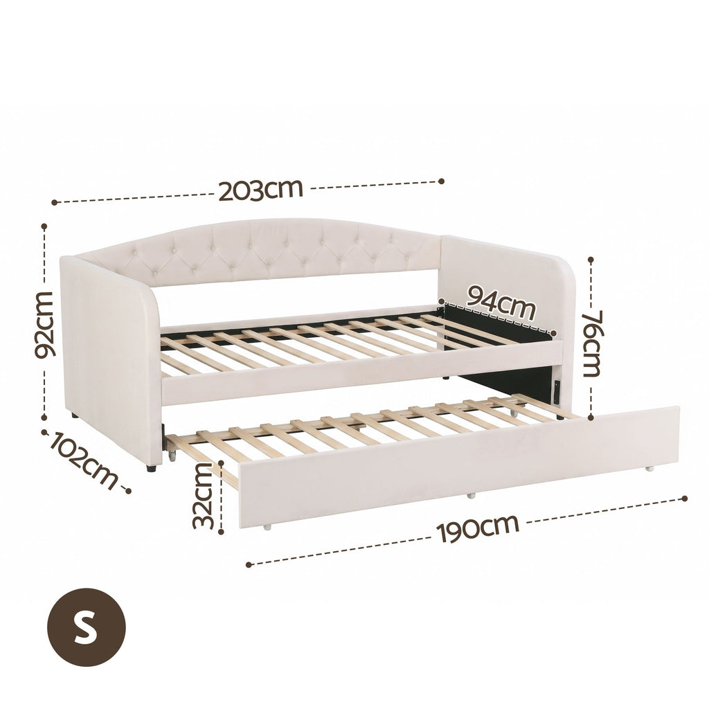 Artiss Velvet Single Daybed with Pull-Out Trundle – Grey