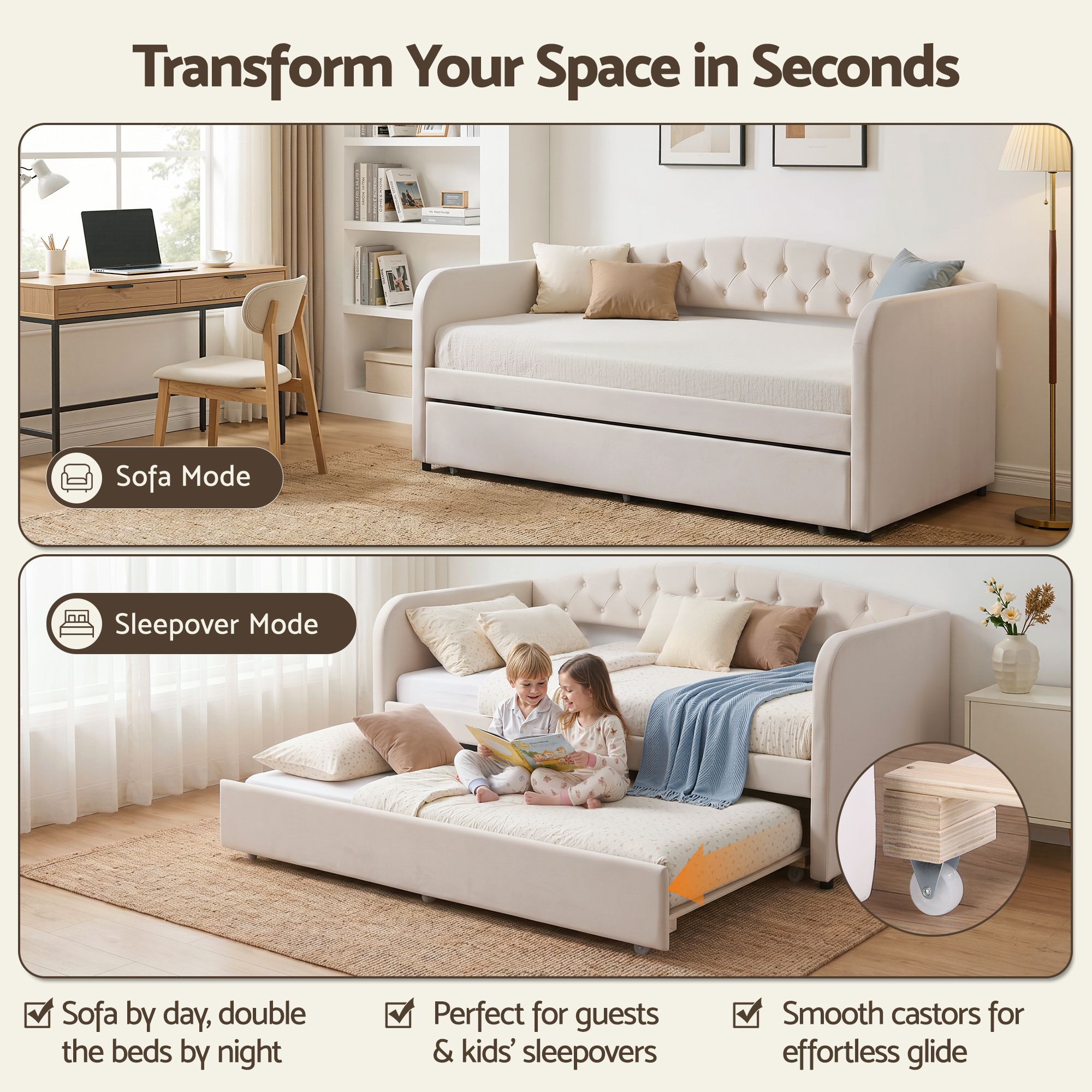 Artiss Velvet Single Daybed with Pull-Out Trundle – Grey