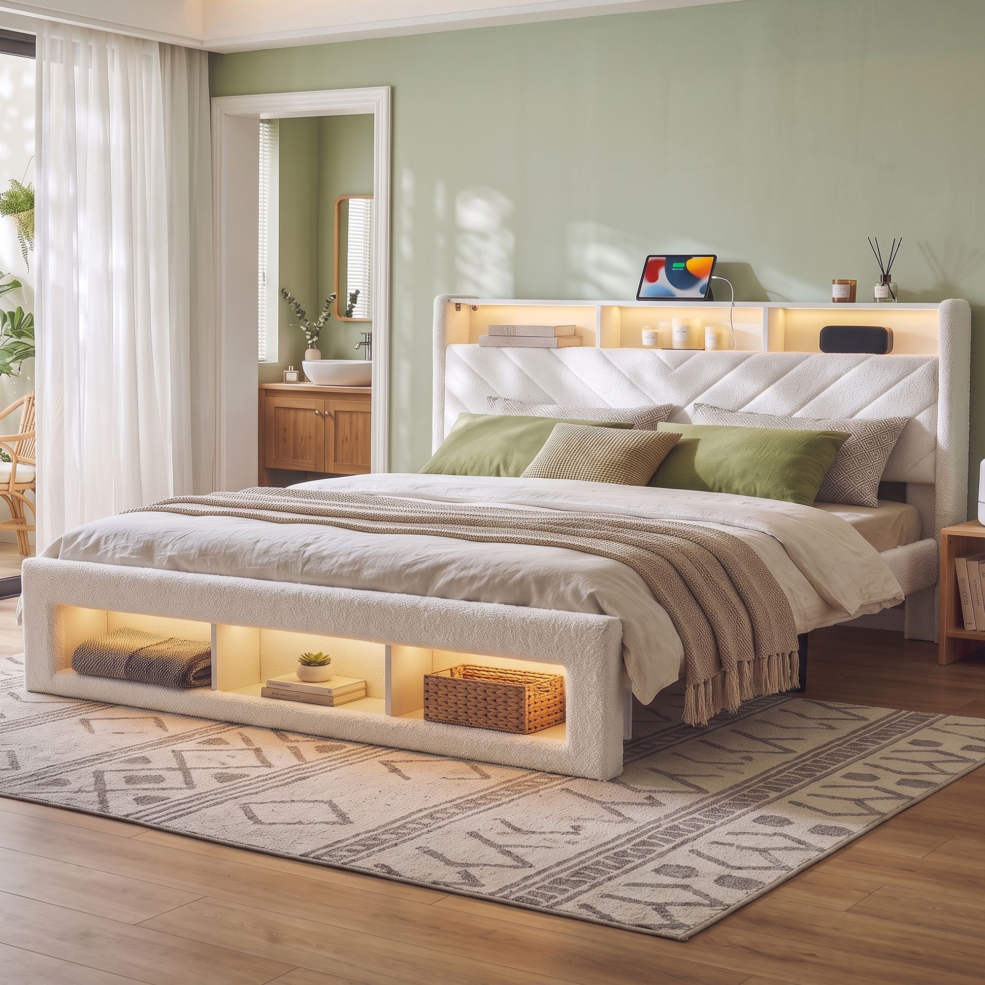 Artiss King Bed Frame with Storage, Charging Station and LED – White