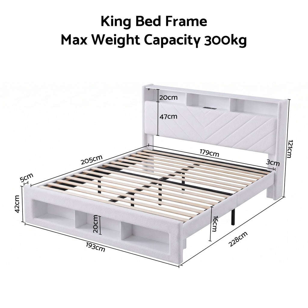 Artiss King Bed Frame with Storage, Charging Station and LED – White