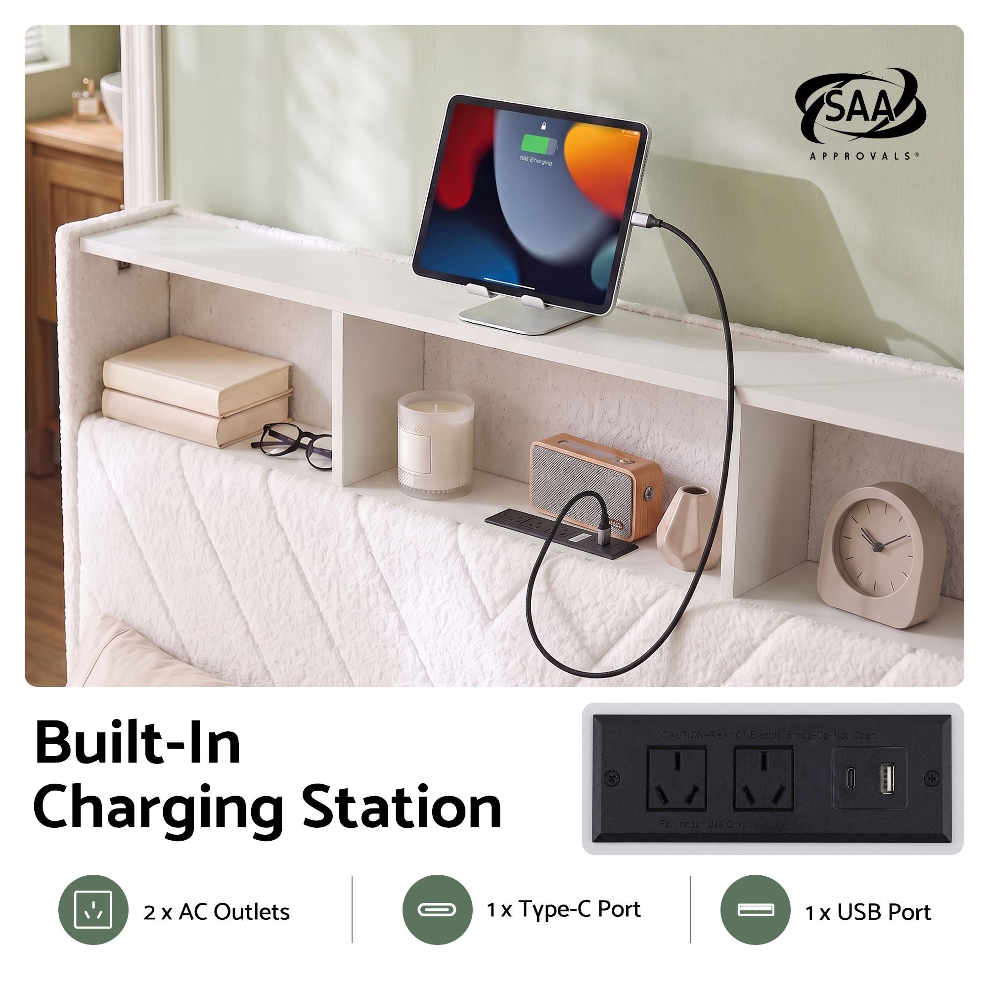 Artiss King Bed Frame with Storage, Charging Station and LED – White