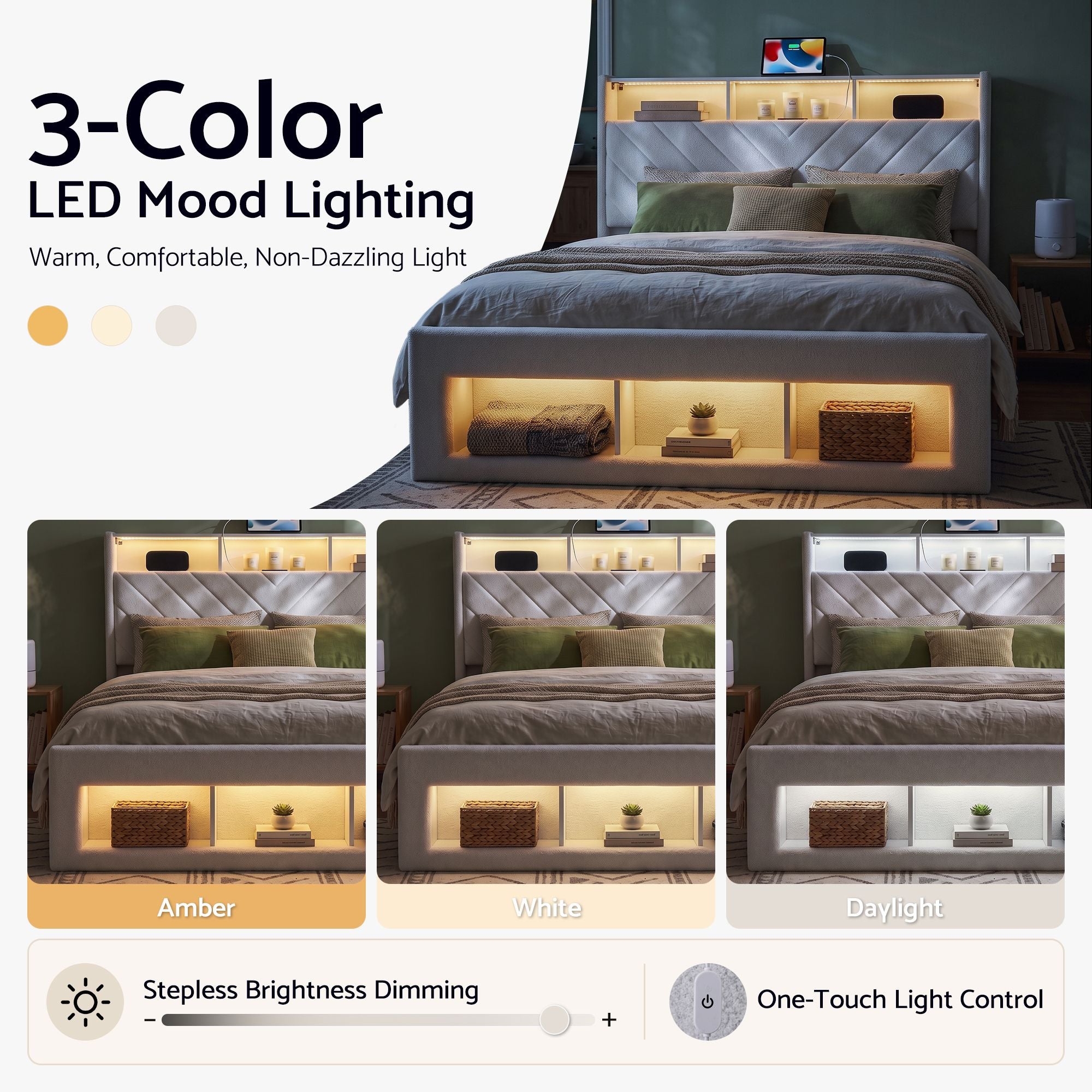 Artiss King Bed Frame with Storage, Charging Station and LED – White