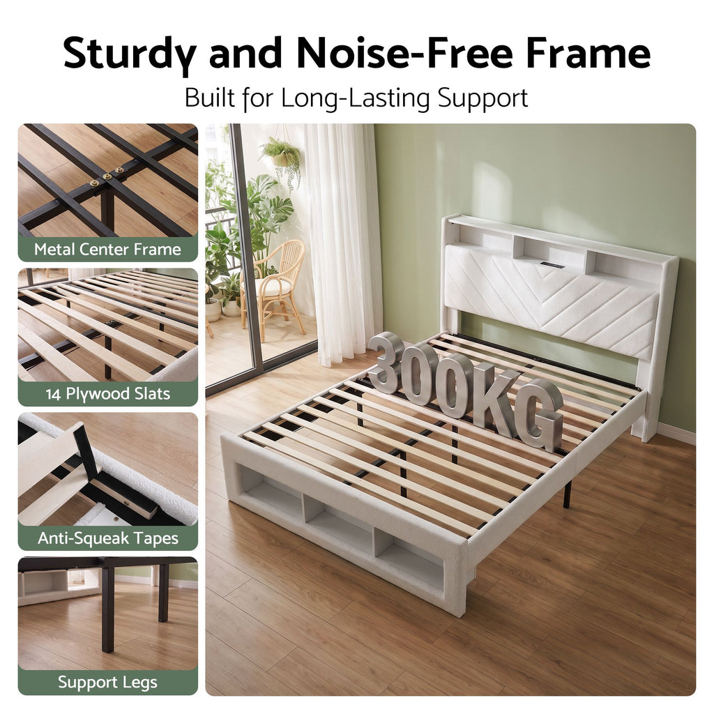 Artiss King Bed Frame with Storage, Charging Station and LED – White