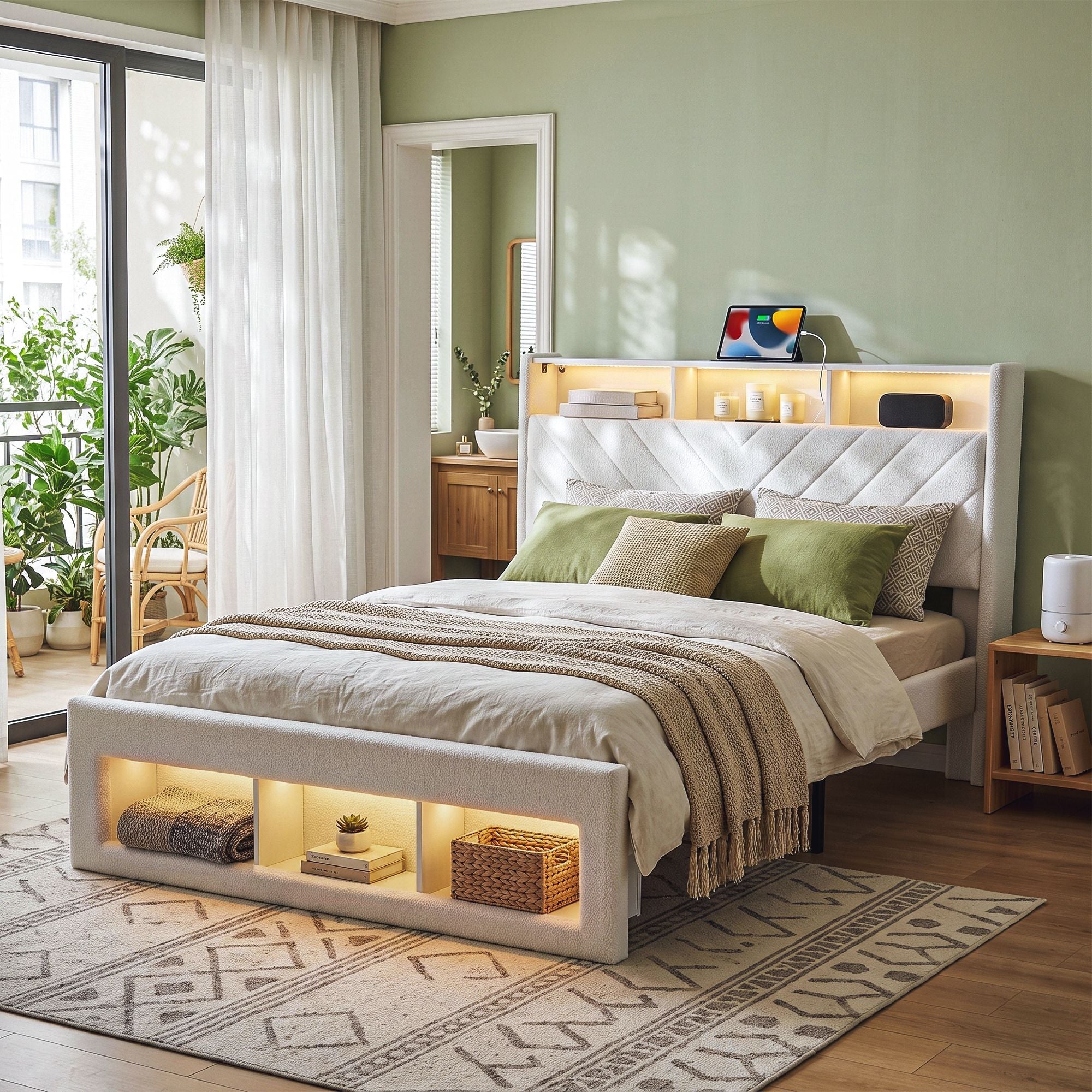Artiss Queen Bed Frame with Storage, Charging Station and LED – White