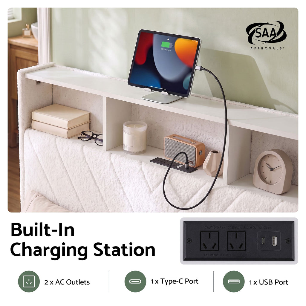 Artiss Queen Bed Frame with Storage, Charging Station and LED – White