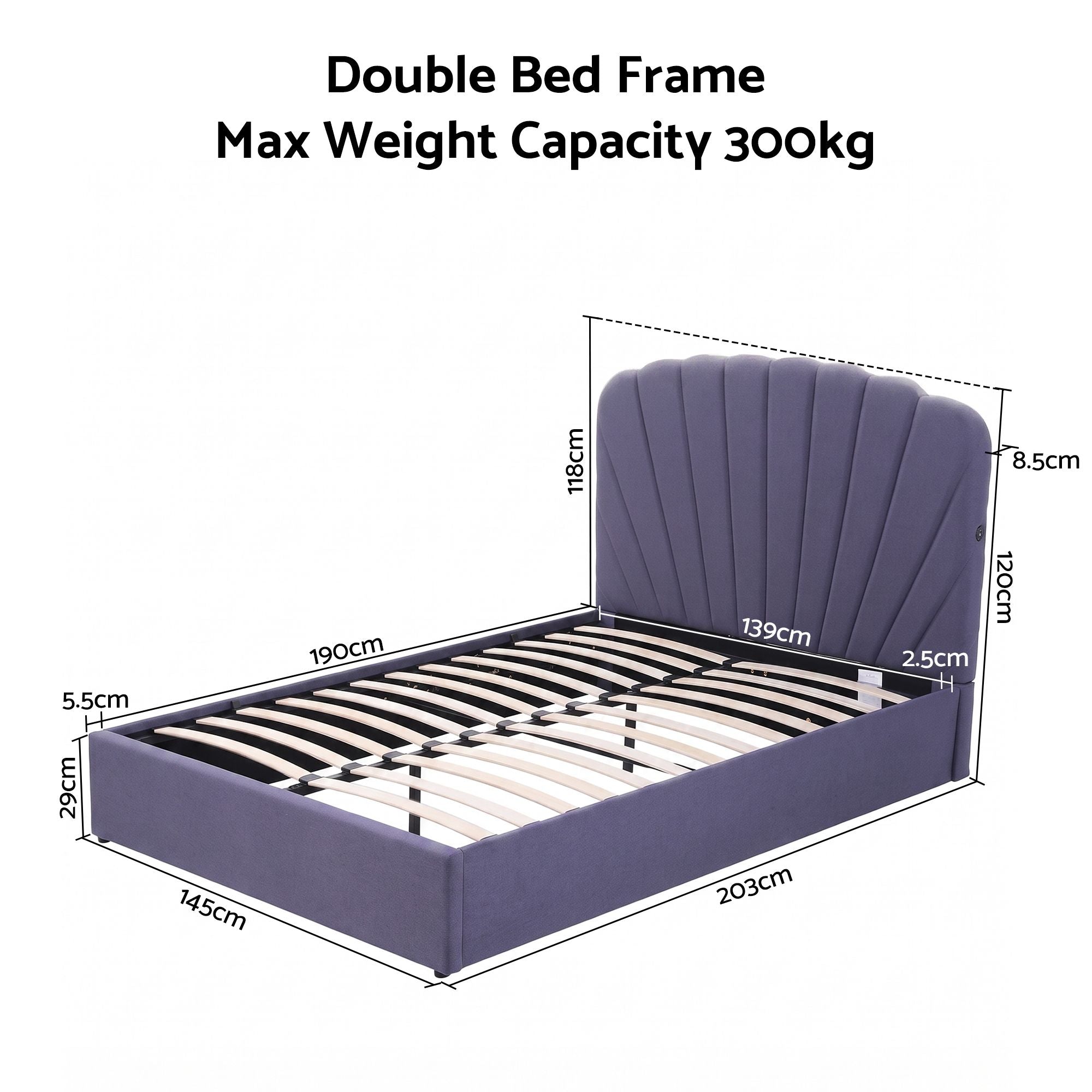 Artiss Gas-Lift Double Bed Frame with Charging Ports – Grey-Blue
