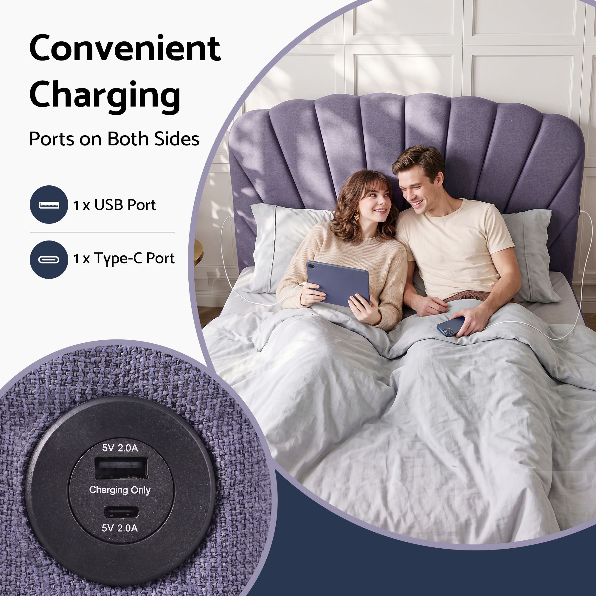 Artiss Gas-Lift Double Bed Frame with Charging Ports – Grey-Blue