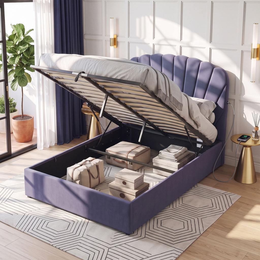 Artiss Gas-Lift Double Bed Frame with Charging Ports – Grey-Blue