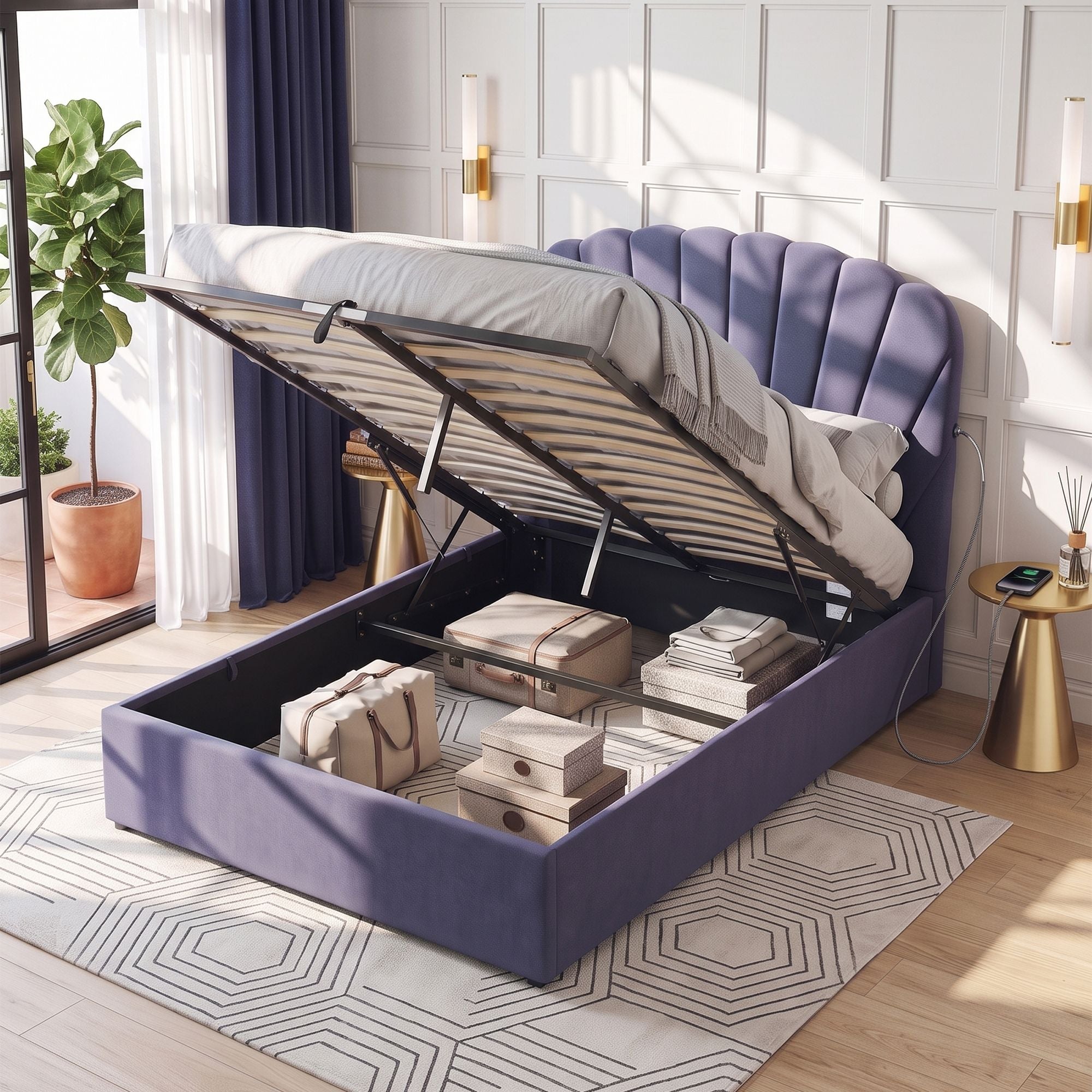 Artiss Gas-Lift Double Bed Frame with Charging Ports – Grey-Blue
