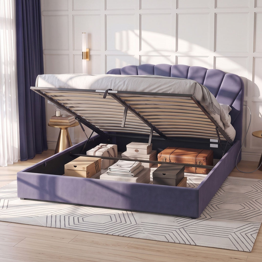 Artiss Gas-Lift King Bed Frame with Charging Ports – Grey-Blue