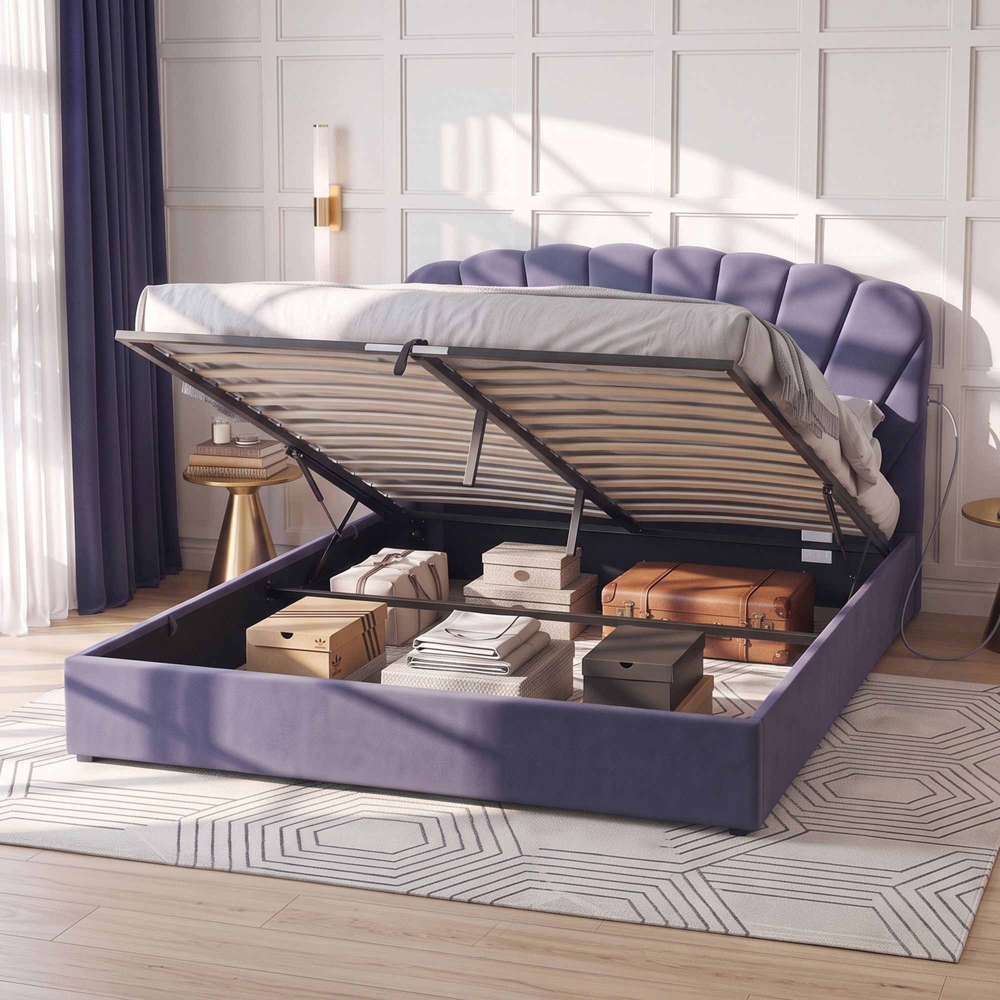 Artiss Gas-Lift King Bed Frame with Charging Ports – Grey-Blue