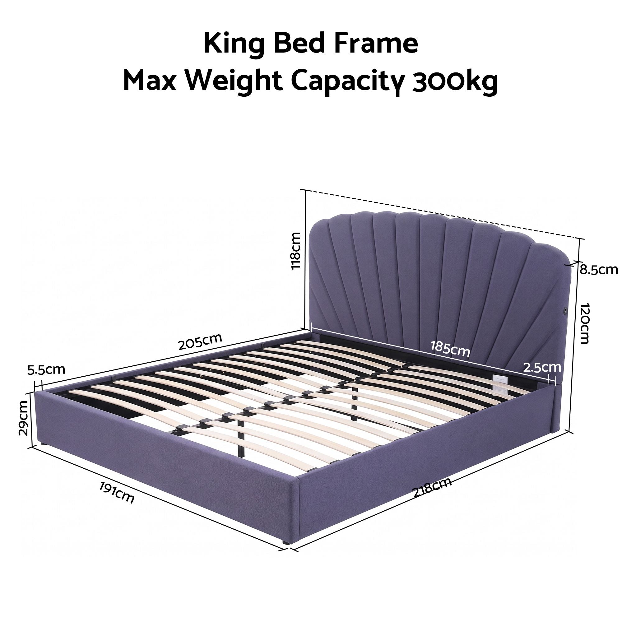 Artiss Gas-Lift King Bed Frame with Charging Ports – Grey-Blue