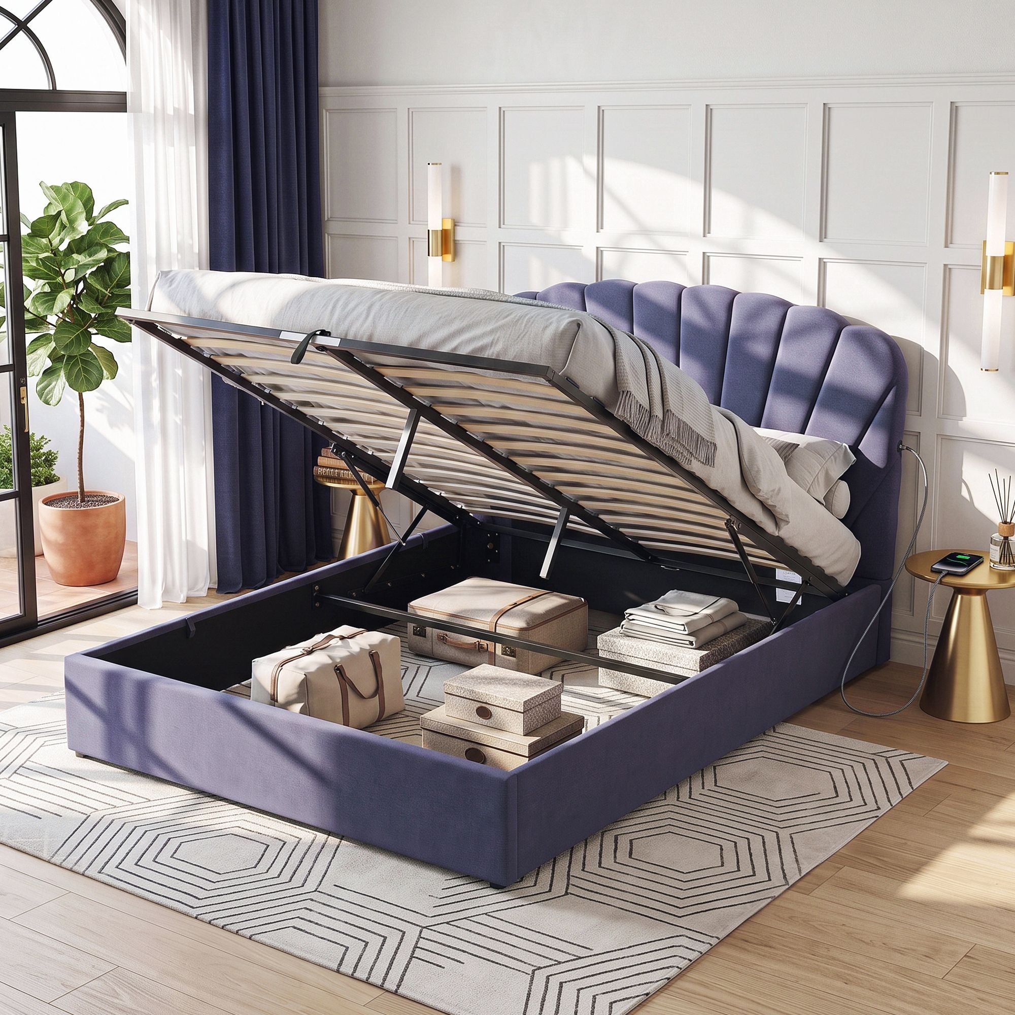 Artiss Gas-Lift Queen Bed Frame with Charging Ports – Grey-Blue