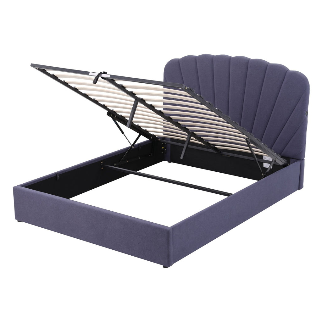 Artiss Gas-Lift Queen Bed Frame with Charging Ports – Grey-Blue