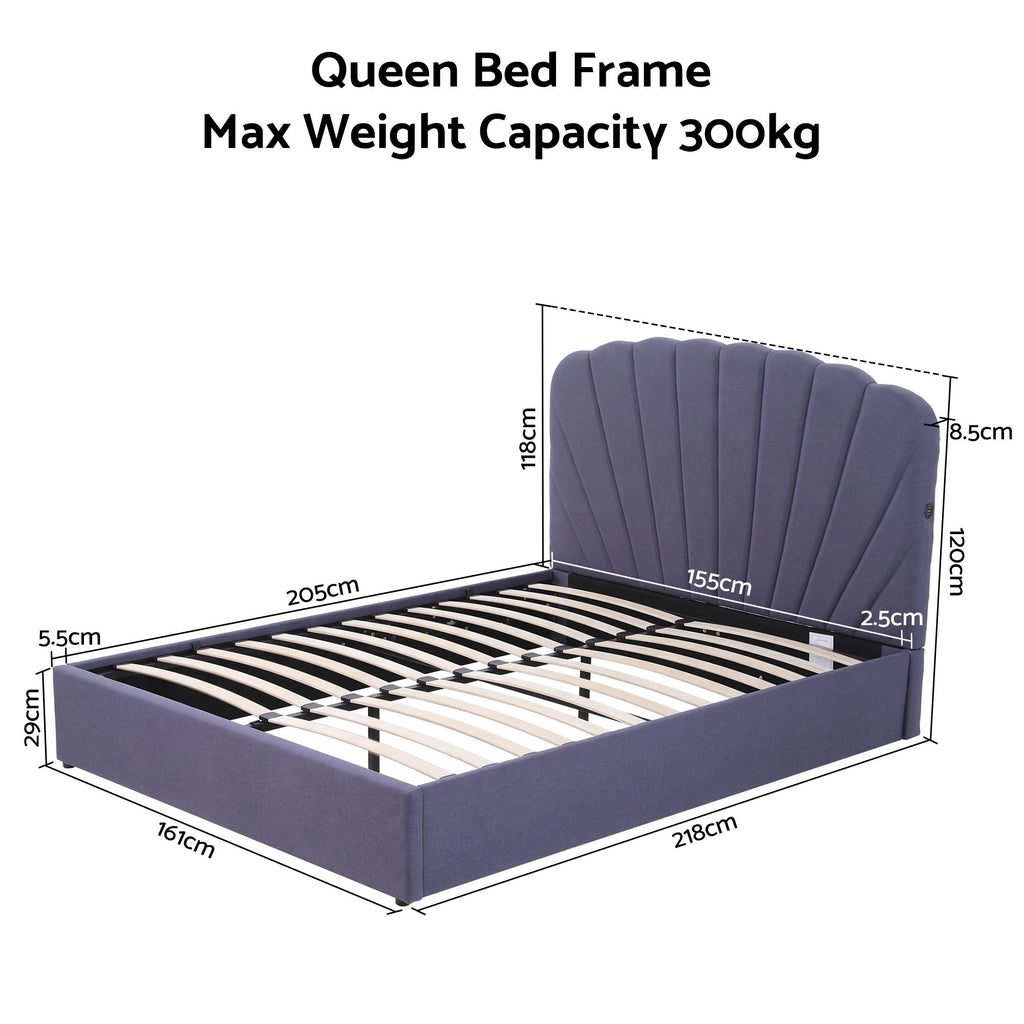 Artiss Gas-Lift Queen Bed Frame with Charging Ports – Grey-Blue