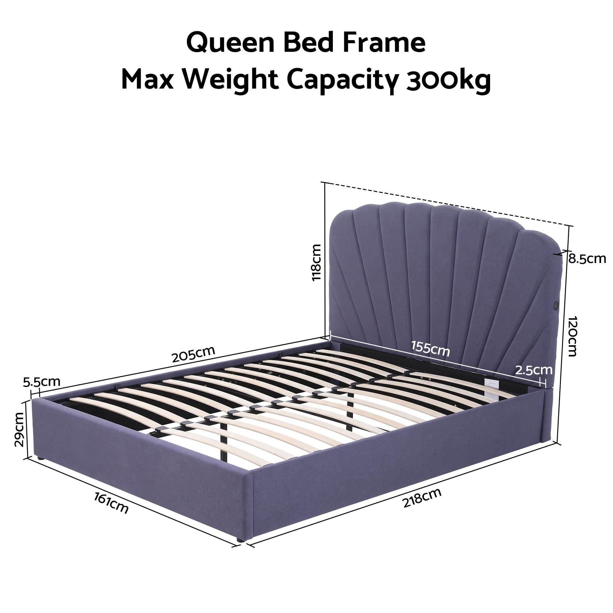 Artiss Gas-Lift Queen Bed Frame with Charging Ports – Grey-Blue