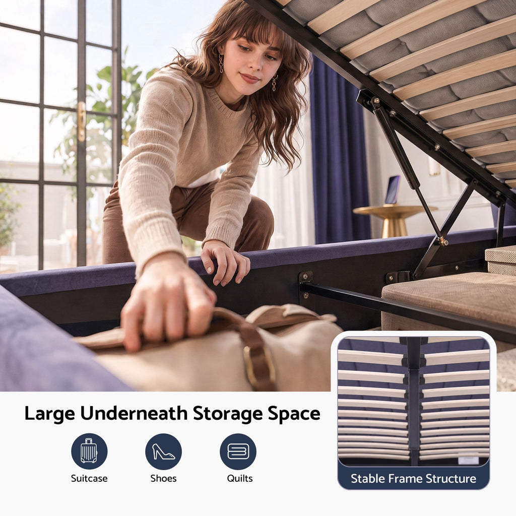 Artiss Gas-Lift Queen Bed Frame with Charging Ports – Grey-Blue