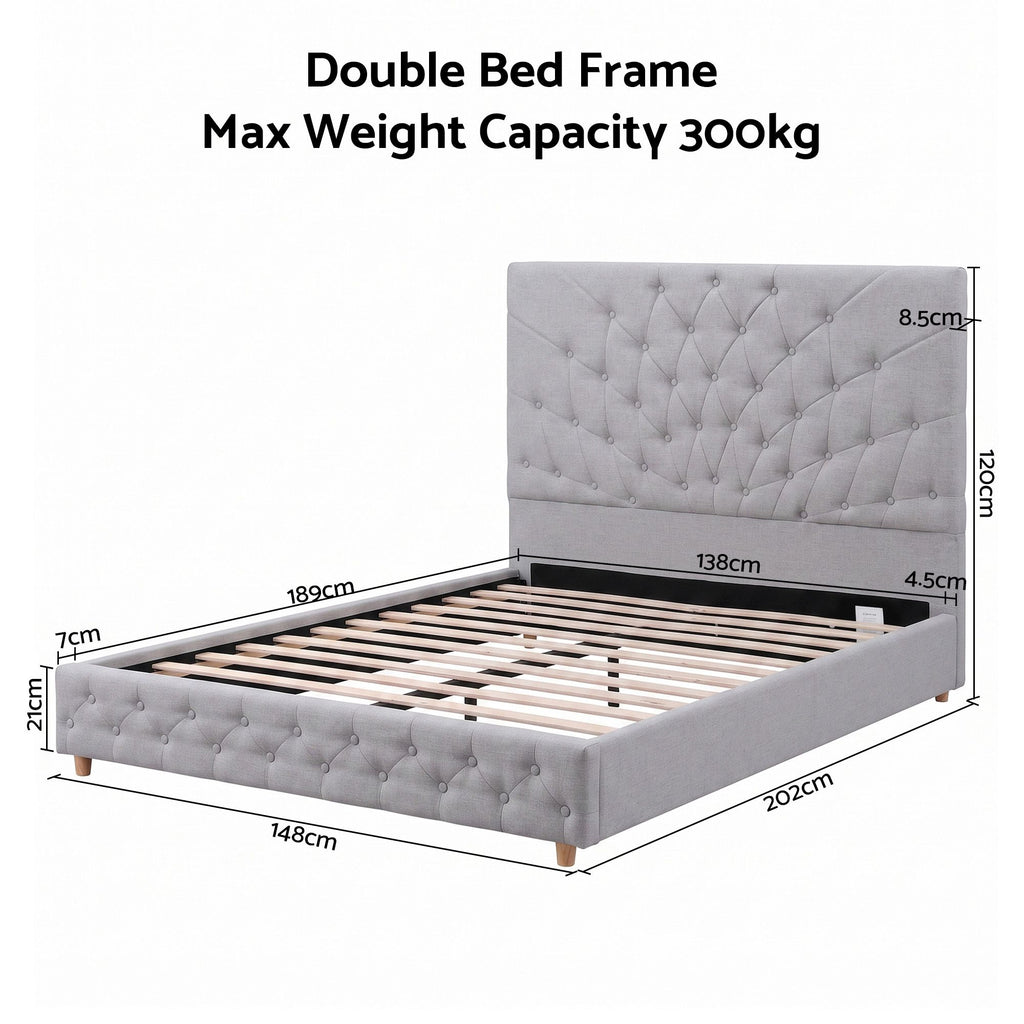 Artiss Tufted Double Bed Frame with Plywood Slats – Grey
