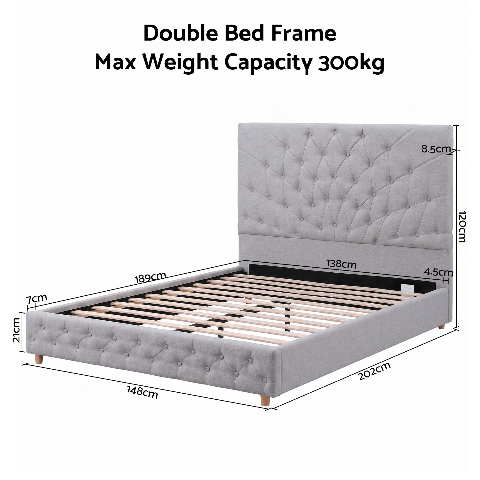 Artiss Tufted Double Bed Frame with Plywood Slats – Grey