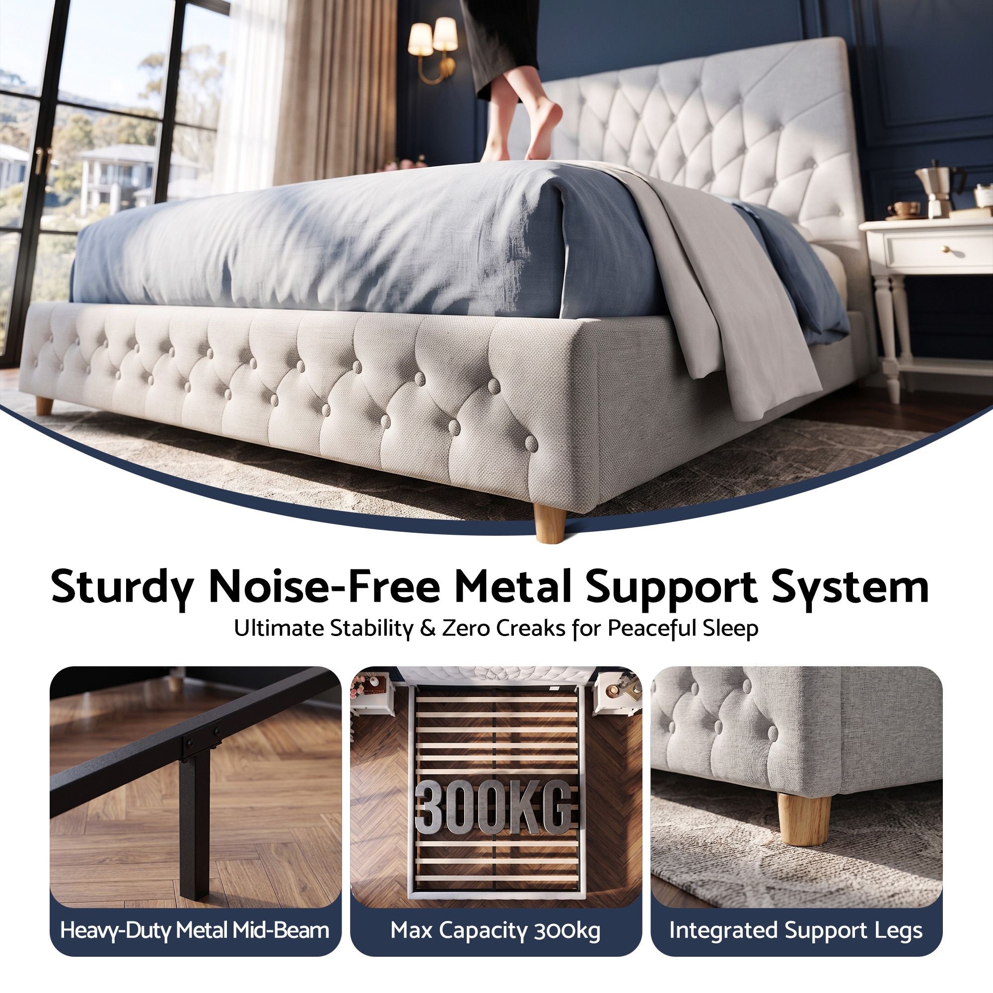 Artiss Tufted Double Bed Frame with Plywood Slats – Grey