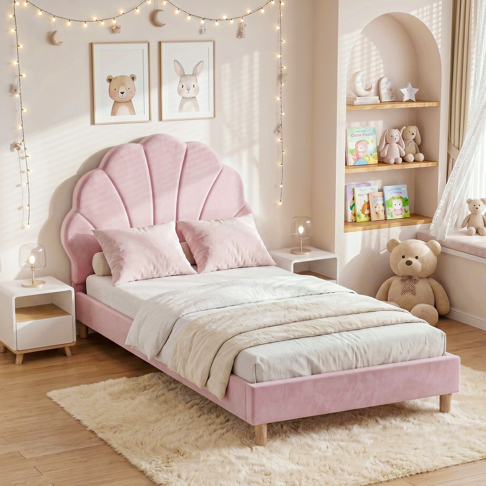 Artiss Scalloped Single Velvet Bed Frame – Pink
