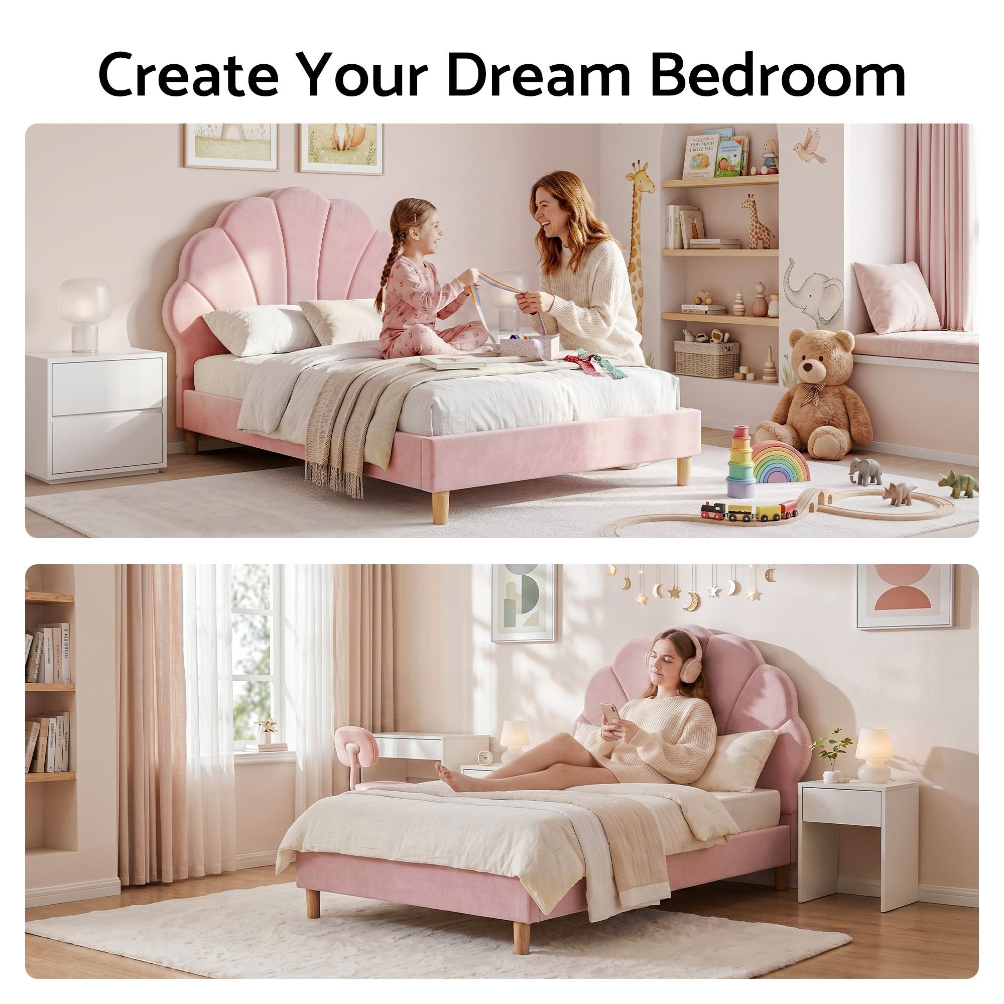 Artiss Scalloped Single Velvet Bed Frame – Pink