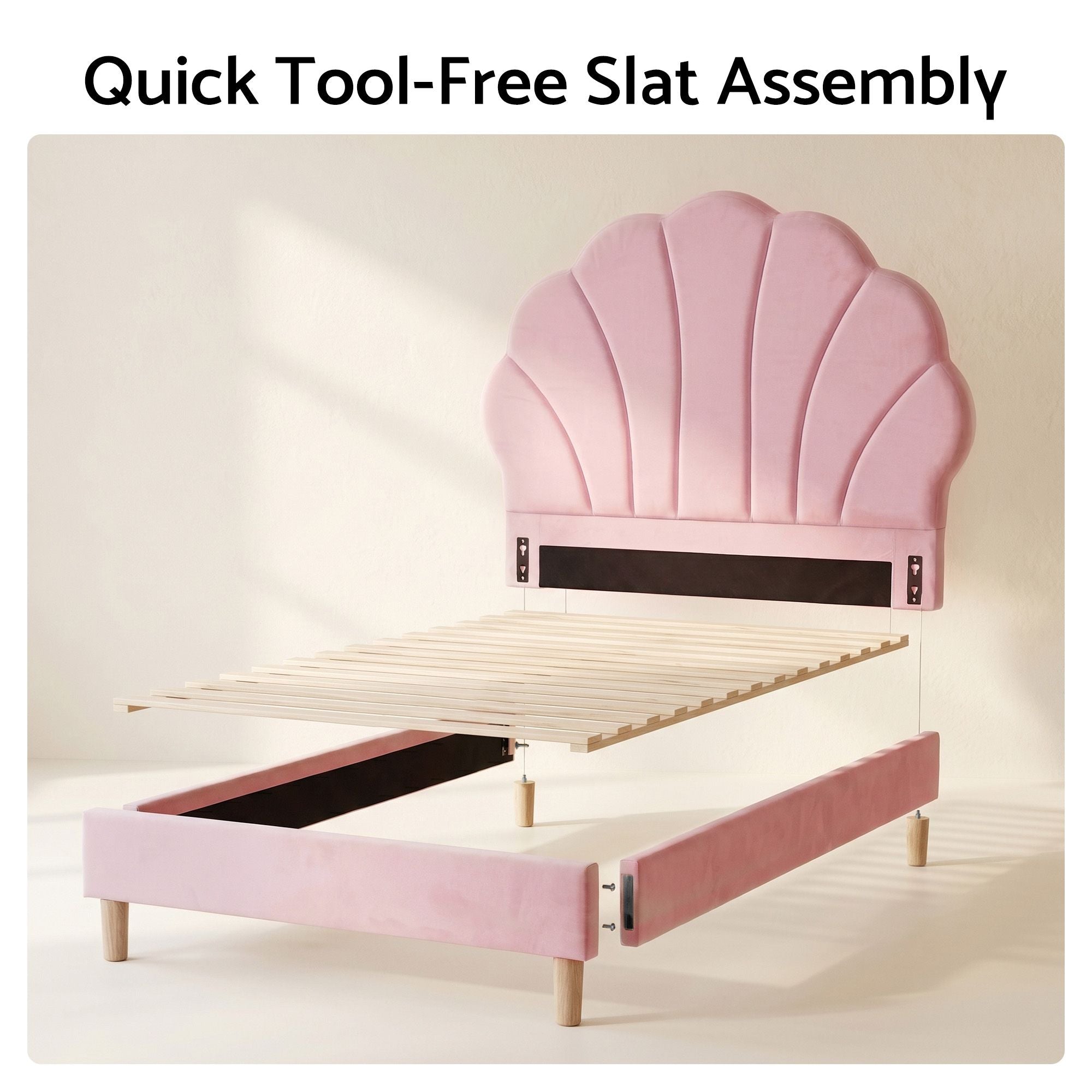 Artiss Scalloped Single Velvet Bed Frame – Pink