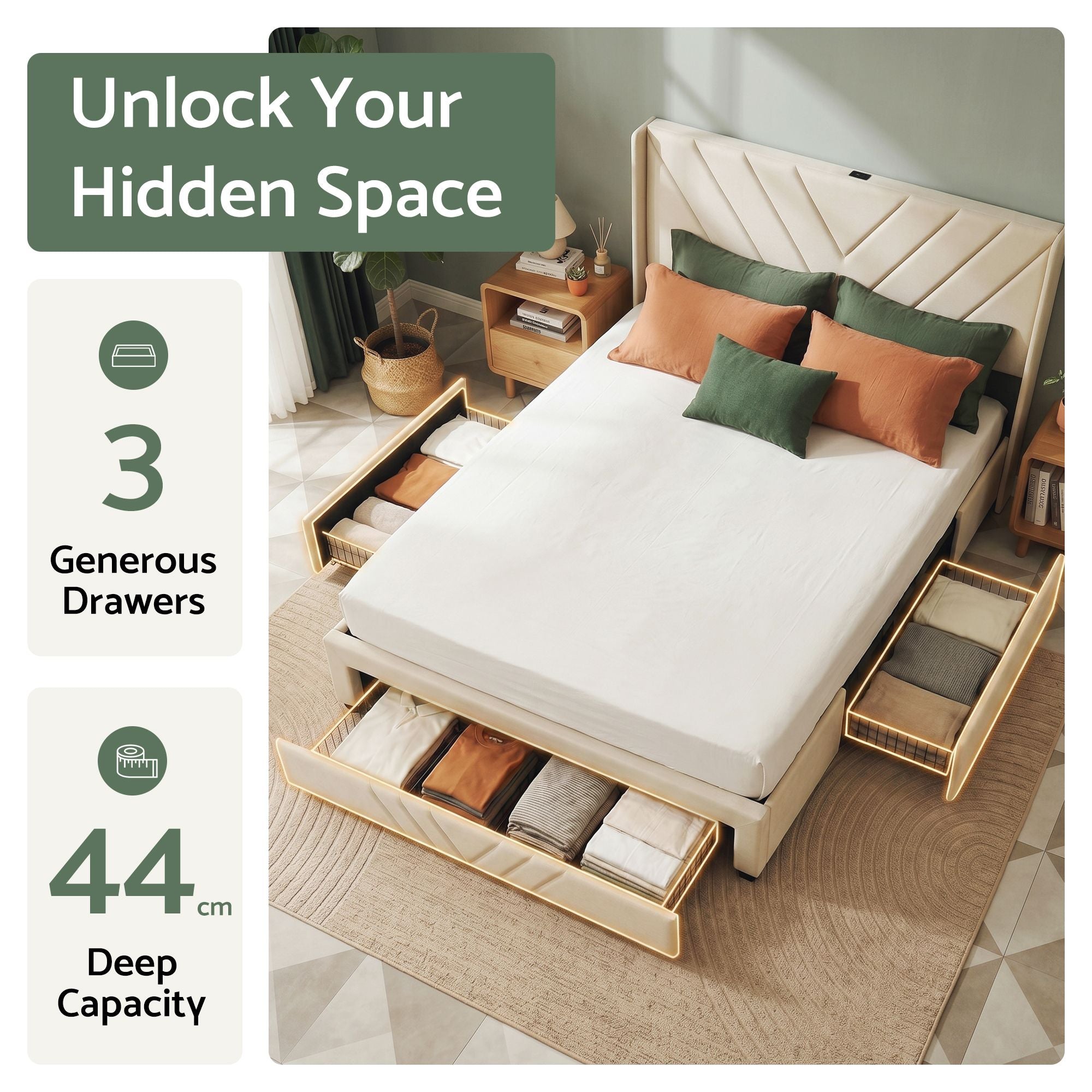 Artiss Double Bed Frame with Charging Station and 3 Drawers – Beige