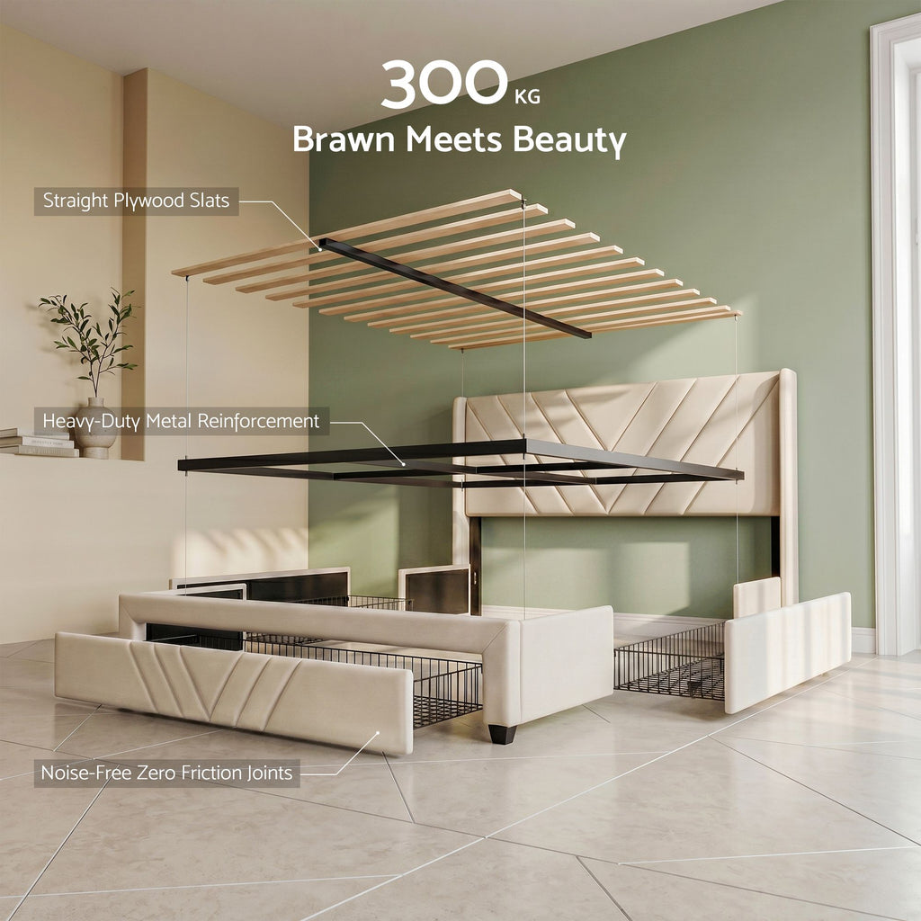 Artiss Double Bed Frame with Charging Station and 3 Drawers – Beige