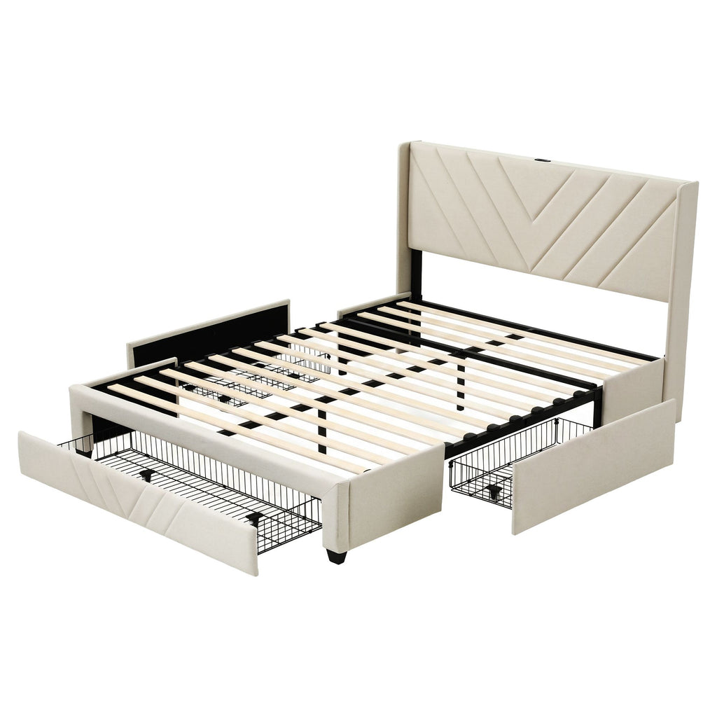 Artiss King Bed Frame with Charging Station and 3 Drawers – Beige