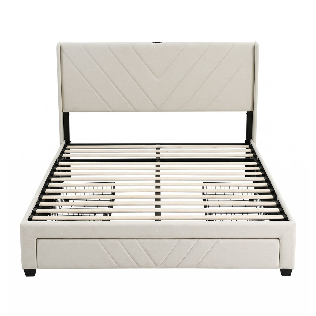 Artiss King Bed Frame with Charging Station and 3 Drawers – Beige