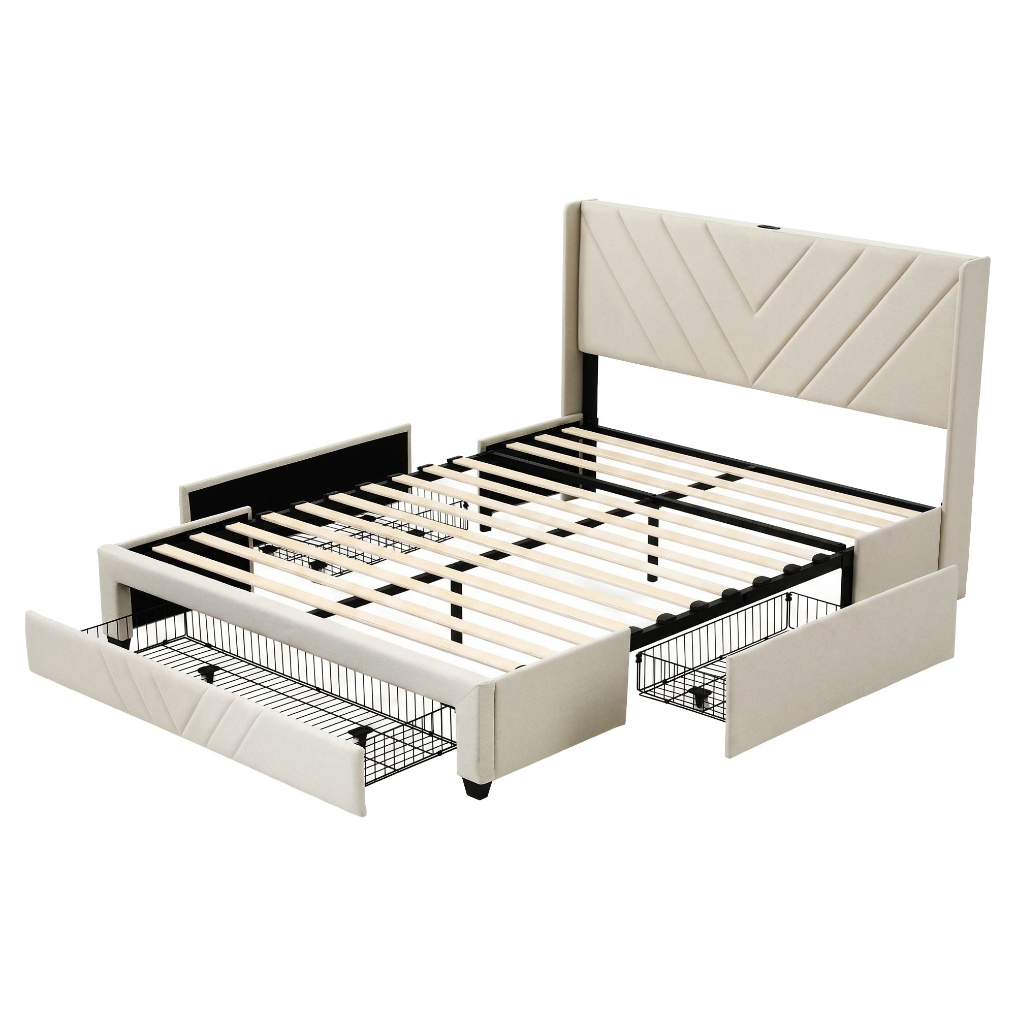 Artiss Queen Bed Frame with Charging Station and 3 Drawers – Beige