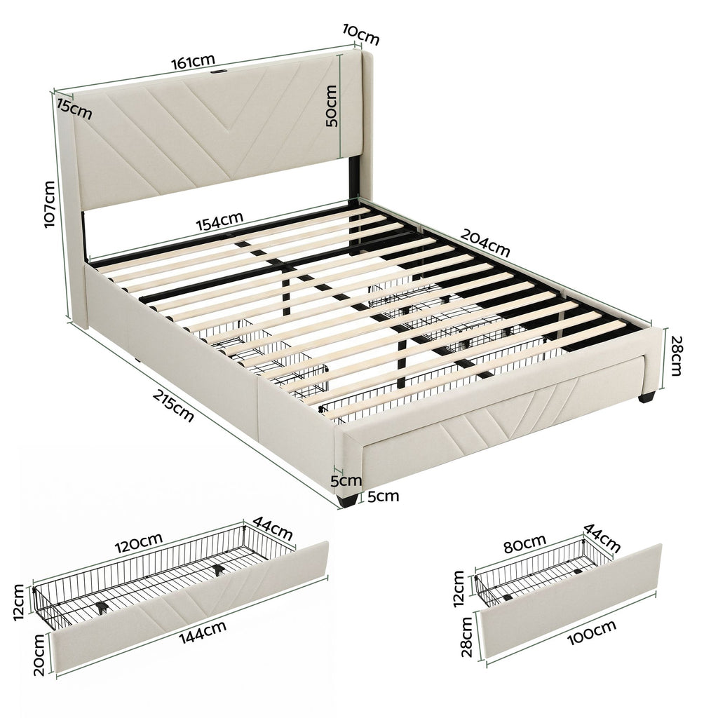 Artiss Queen Bed Frame with Charging Station and 3 Drawers – Beige