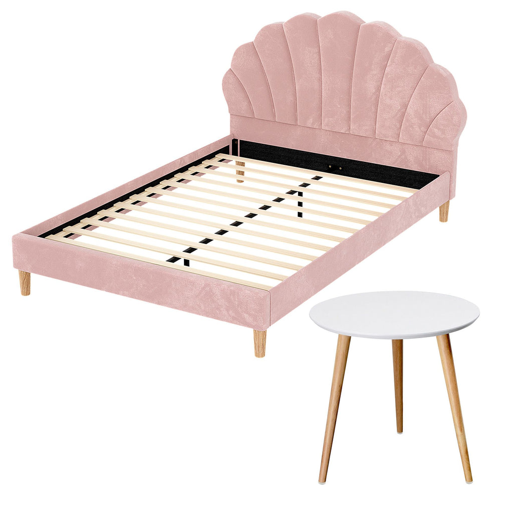 Artiss Rosy Double Bed Frame & Callix Round Side Table Set – Pink and White