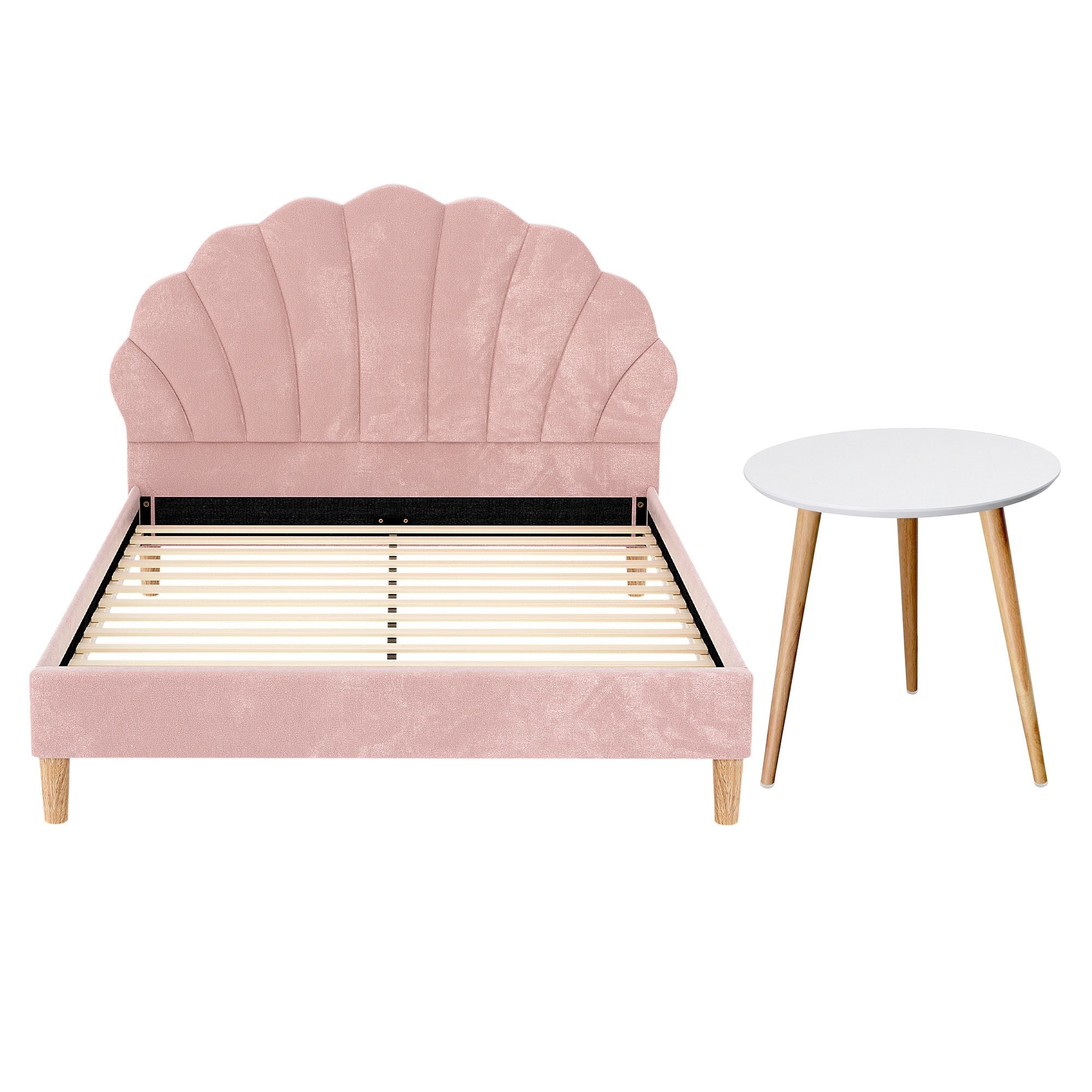 Artiss Rosy Double Bed Frame & Callix Round Side Table Set – Pink and White